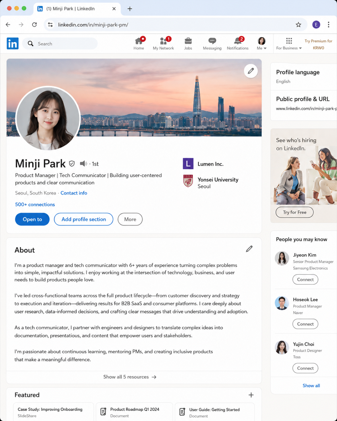 영어로 작성한 LinkedIn 프로필 About 섹션 화면